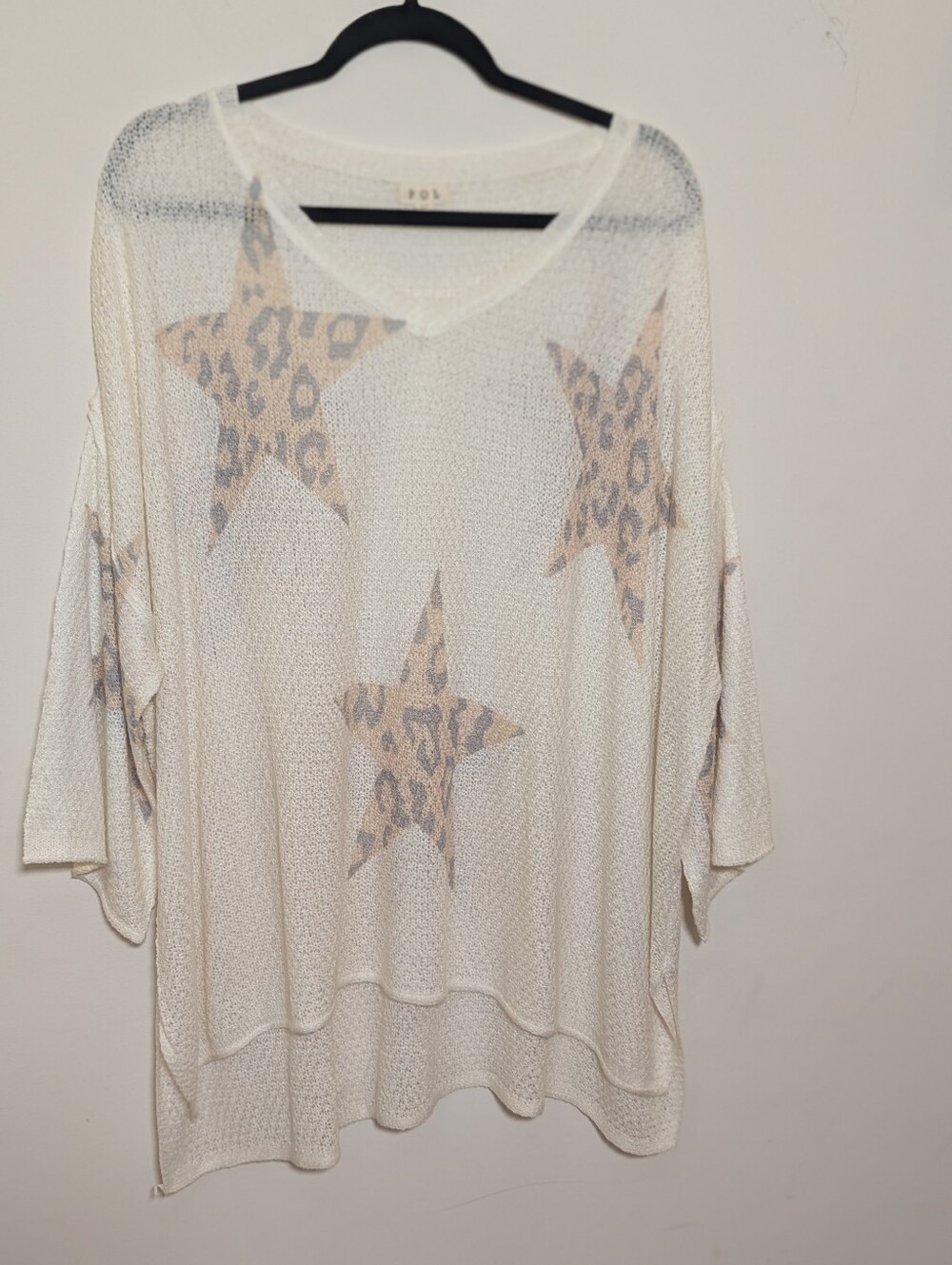POL Leopard Star Open-Knit Oversized Sweater Top Ivory Size M